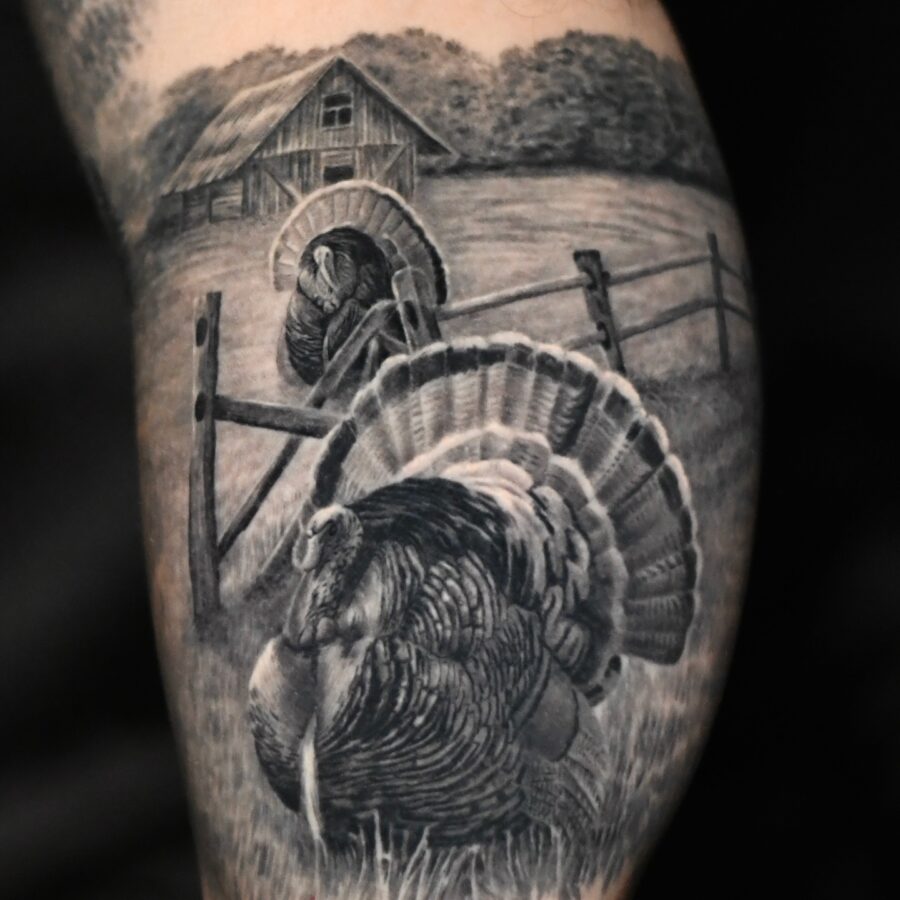 Detailed turkey tattoo in a serene farm setting
