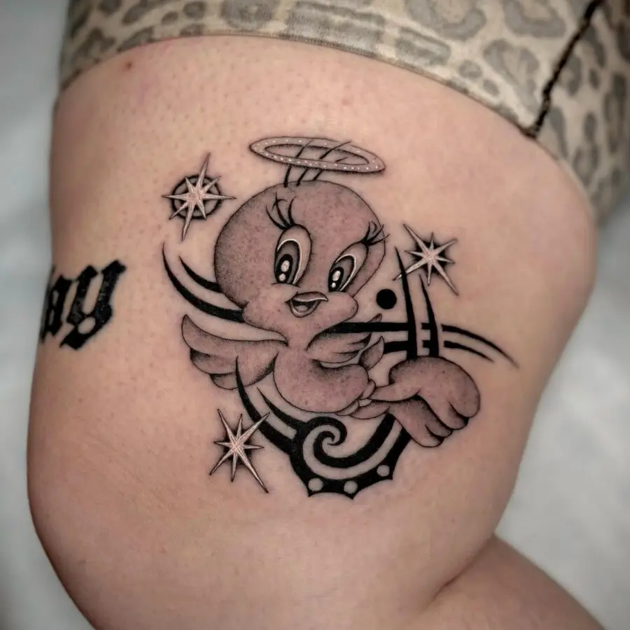 A playful angelic Tweety Bird tattoo design