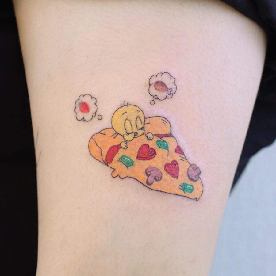 Cute Tweety with a Pizza Slice Tattoo