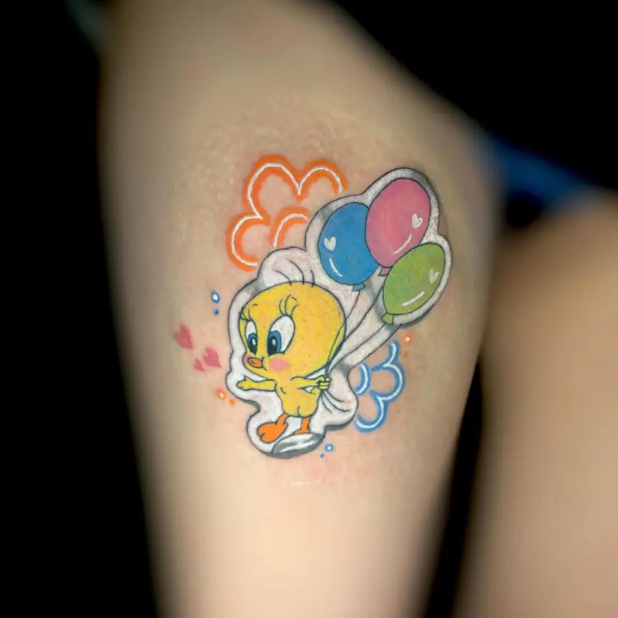 Playful Tweety Bird with Balloons Inked Design