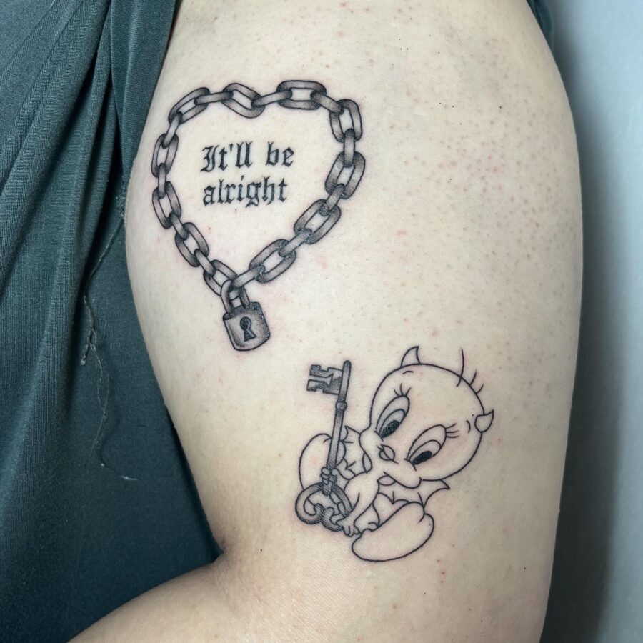 Unique Tweety Tattoo with Heart and Key