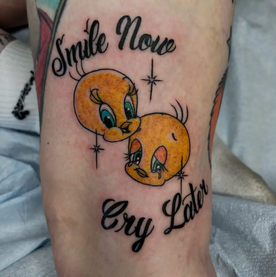 Whimsical Tweety Tattoo with a Clever Phrase