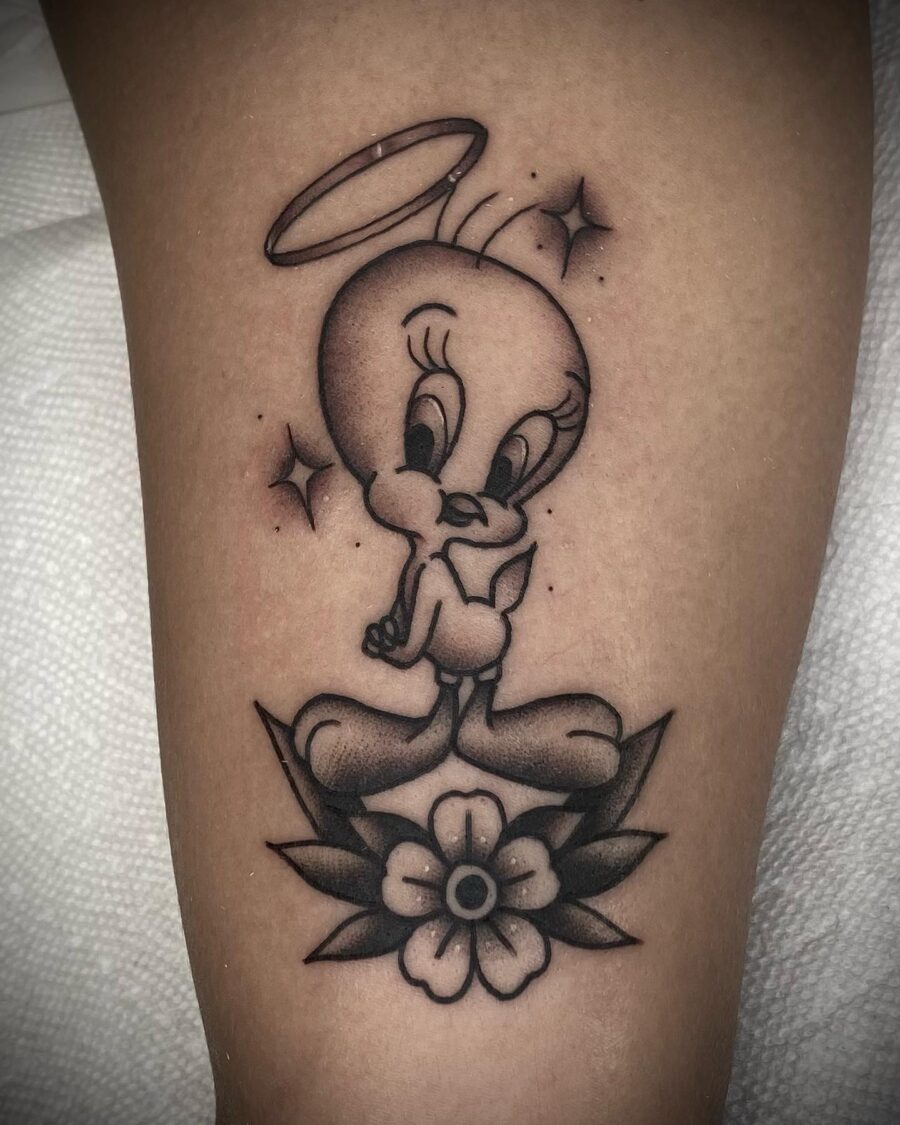 Charming Tweety Tattoo with Floral Elements
