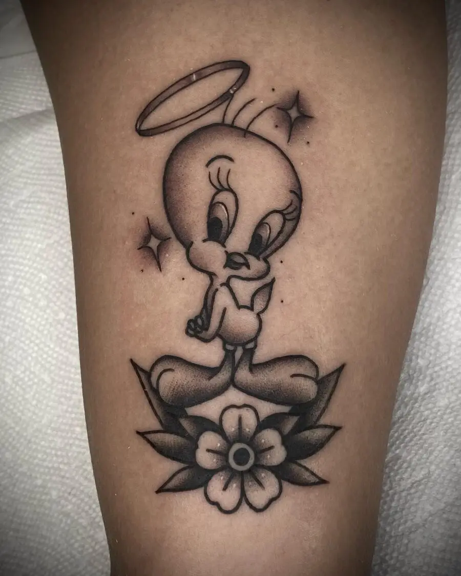 Charming Tweety Tattoo with Floral Elements