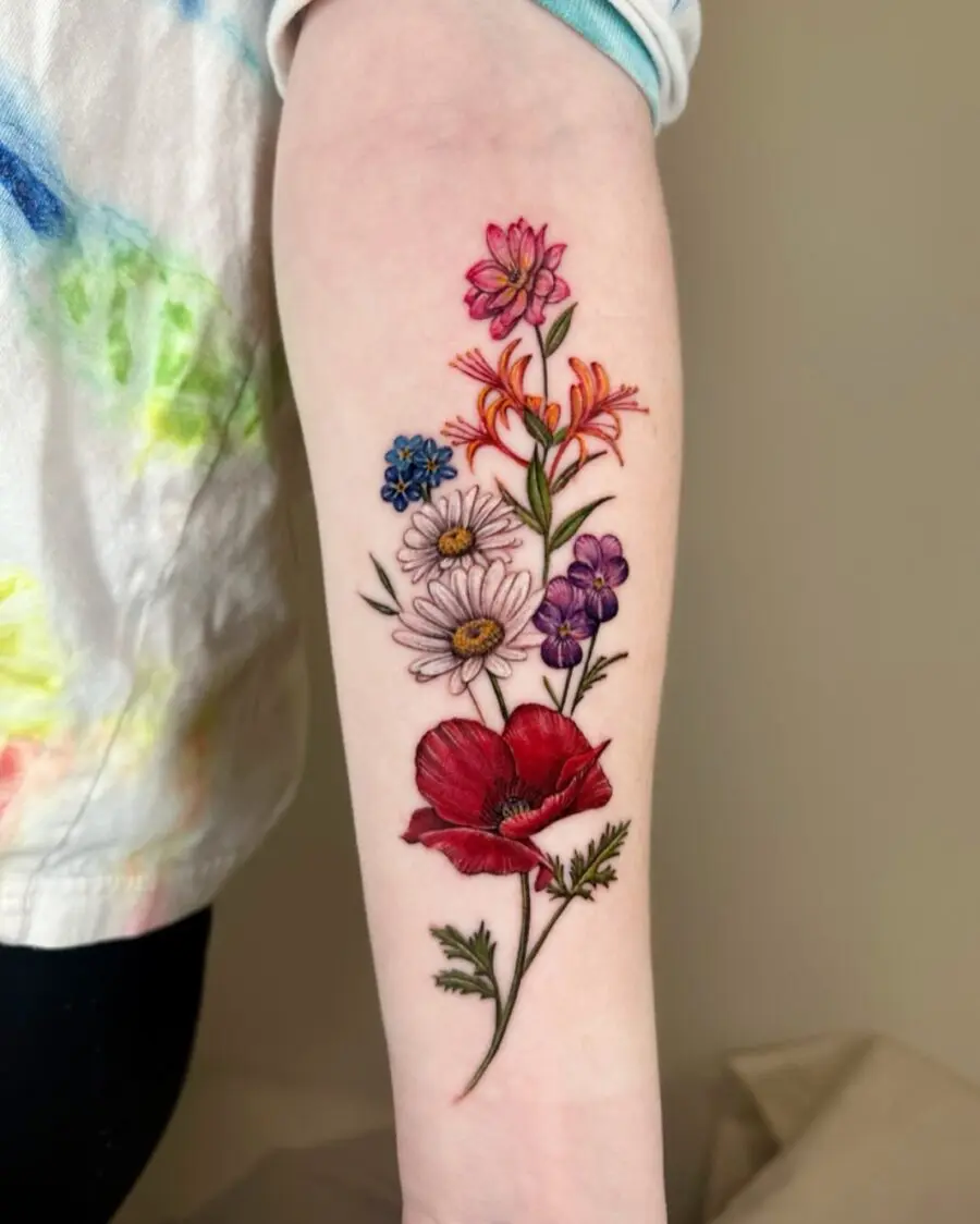 Vibrant birthday flower tattoo with colorful blooms
