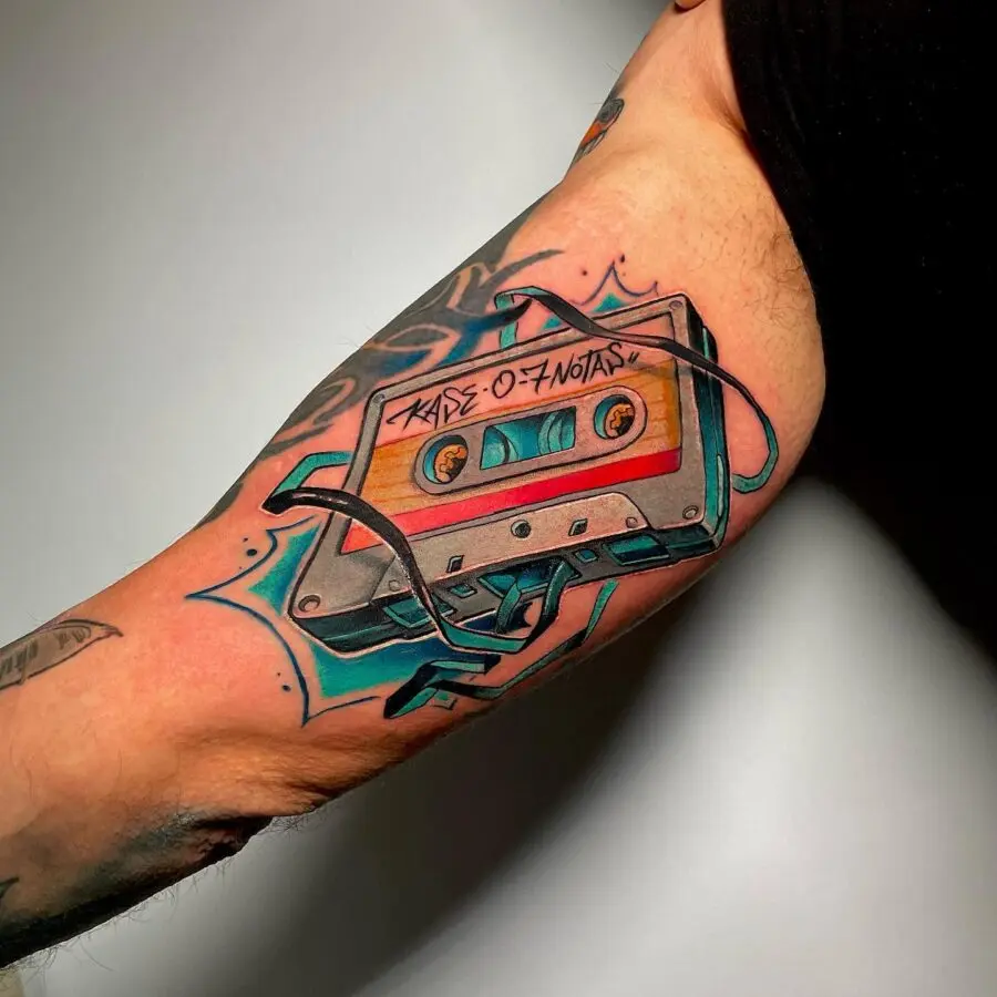 Stylish cassette tattoo with vibrant colors