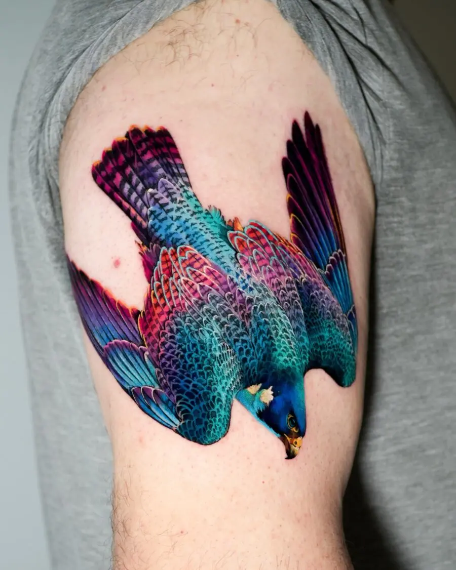 Stunning colorful turkey tattoo in flight