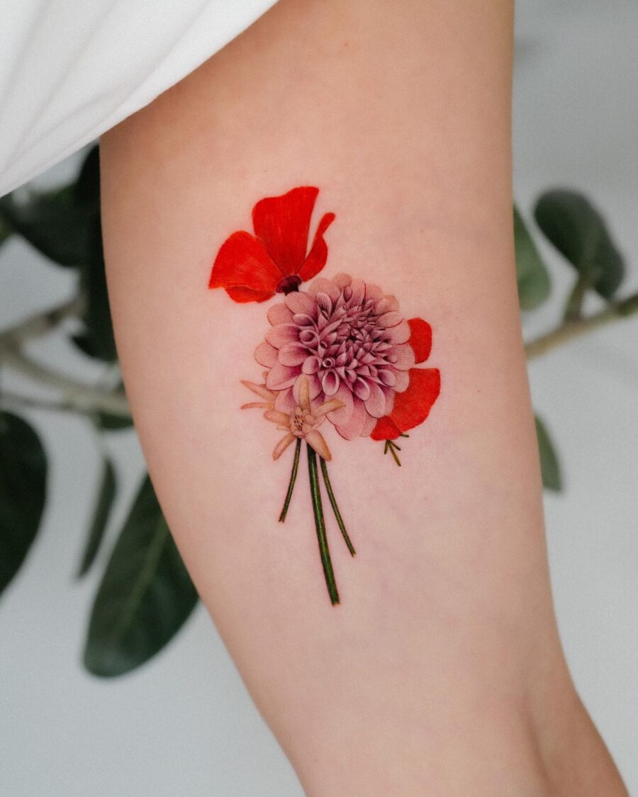 Stunning dahlia and poppy tattoo design