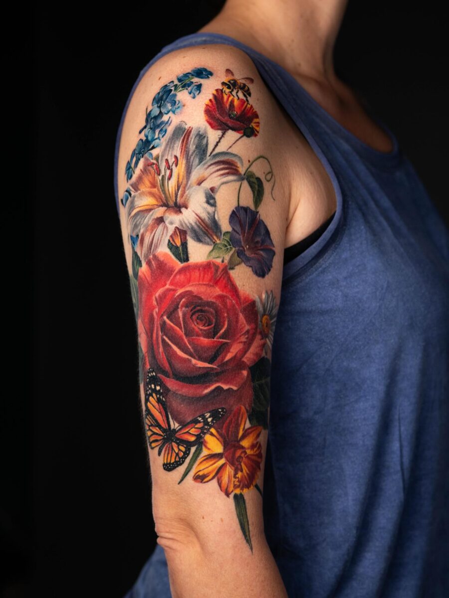 Stunning Floral Half Sleeve Tattoo Design