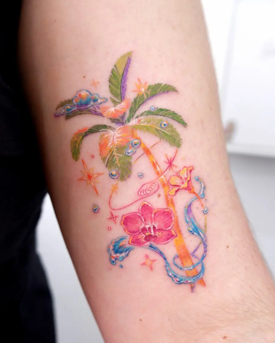 A vibrant tropical palm tree tattoo design