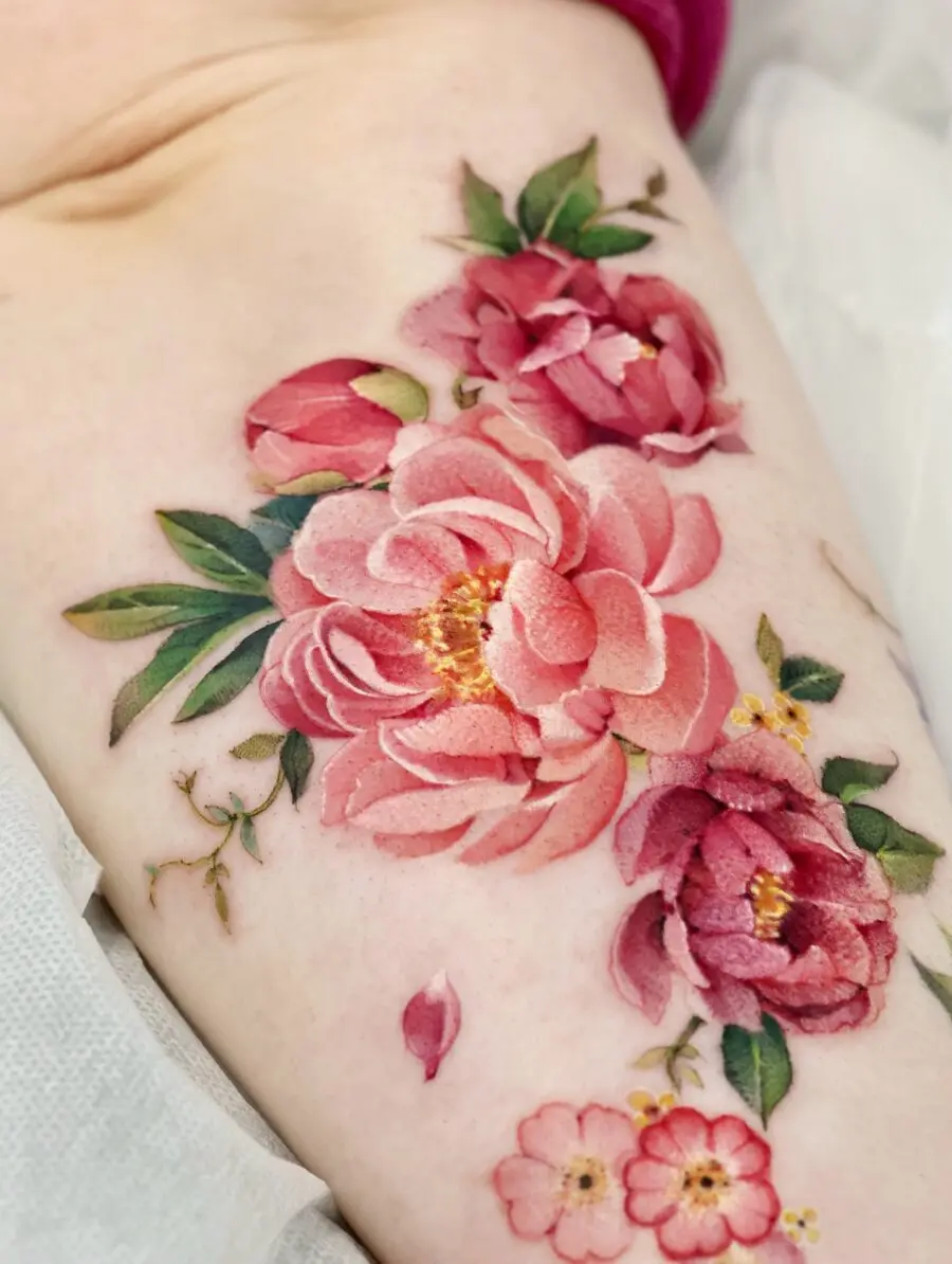 Stunning peony tattoo celebrating birth flowers