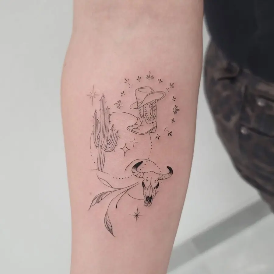 Stylish Western-themed tattoo showcasing nature and symbols