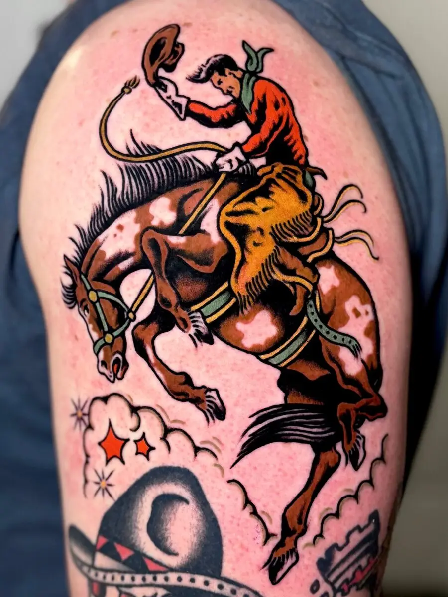 Vibrant depiction of cowboy on a bucking horse