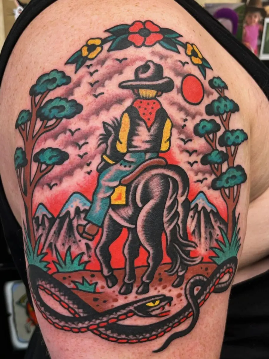 Vibrant cowboy scene with traditional elements
