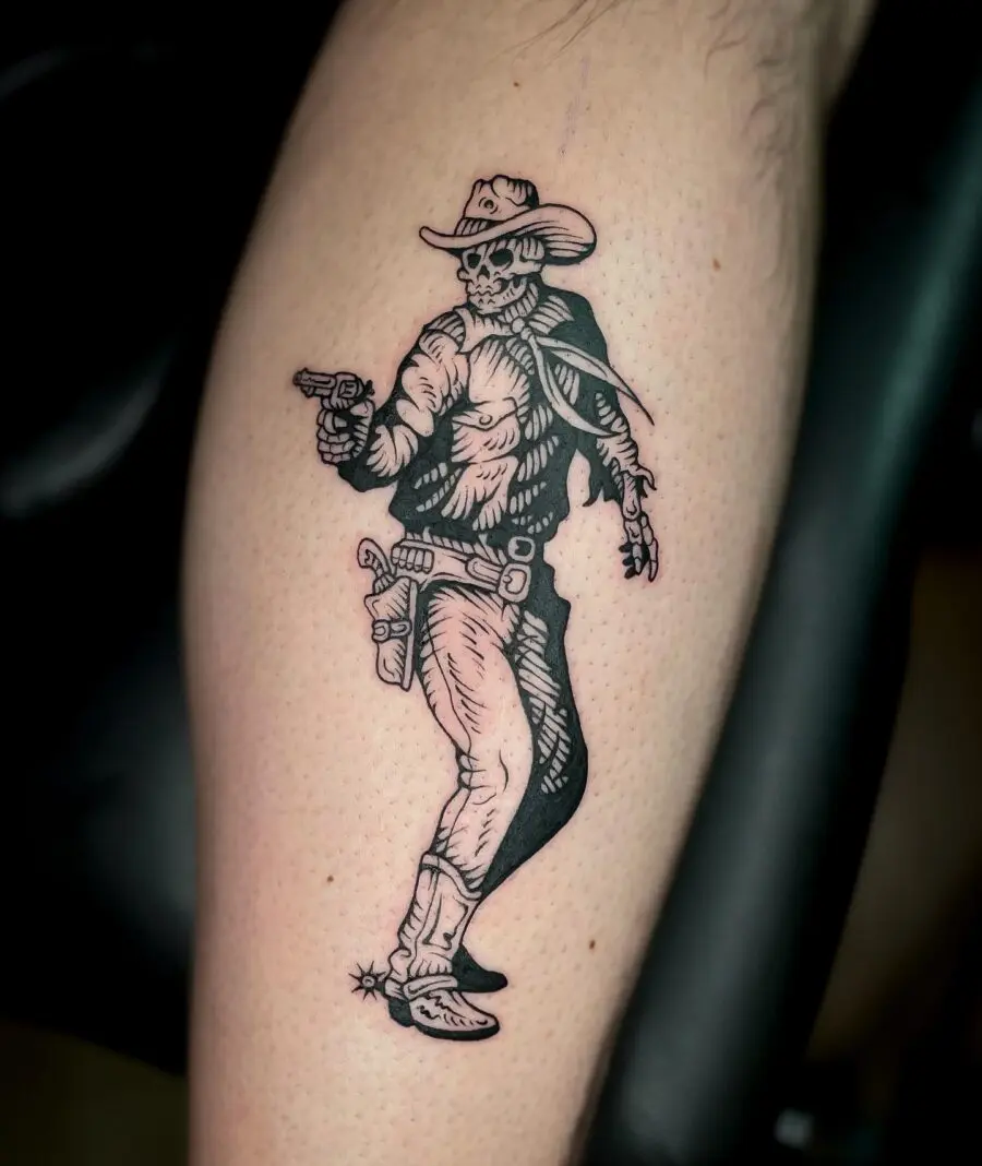 Stylish cowboy skeleton tattoo with a gun
