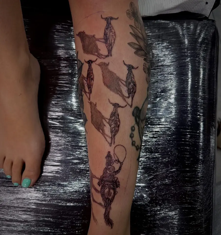 Stunning cowgirl and bull tattoo art