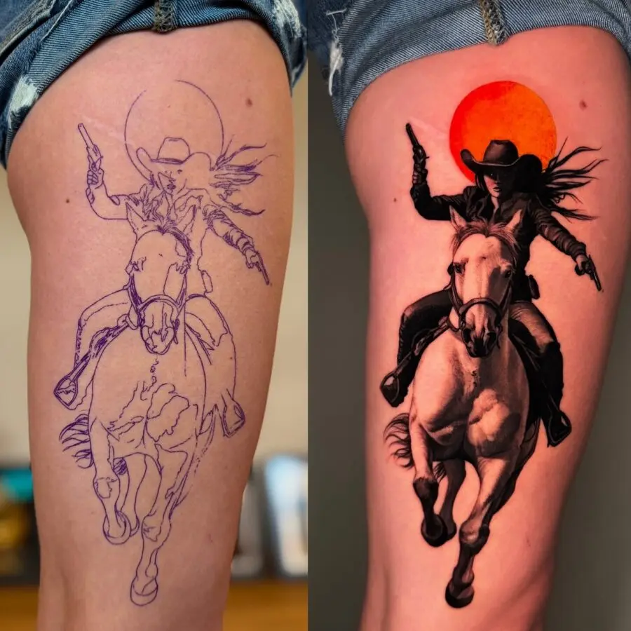 Dynamic cowgirl tattoo on horseback at sunset