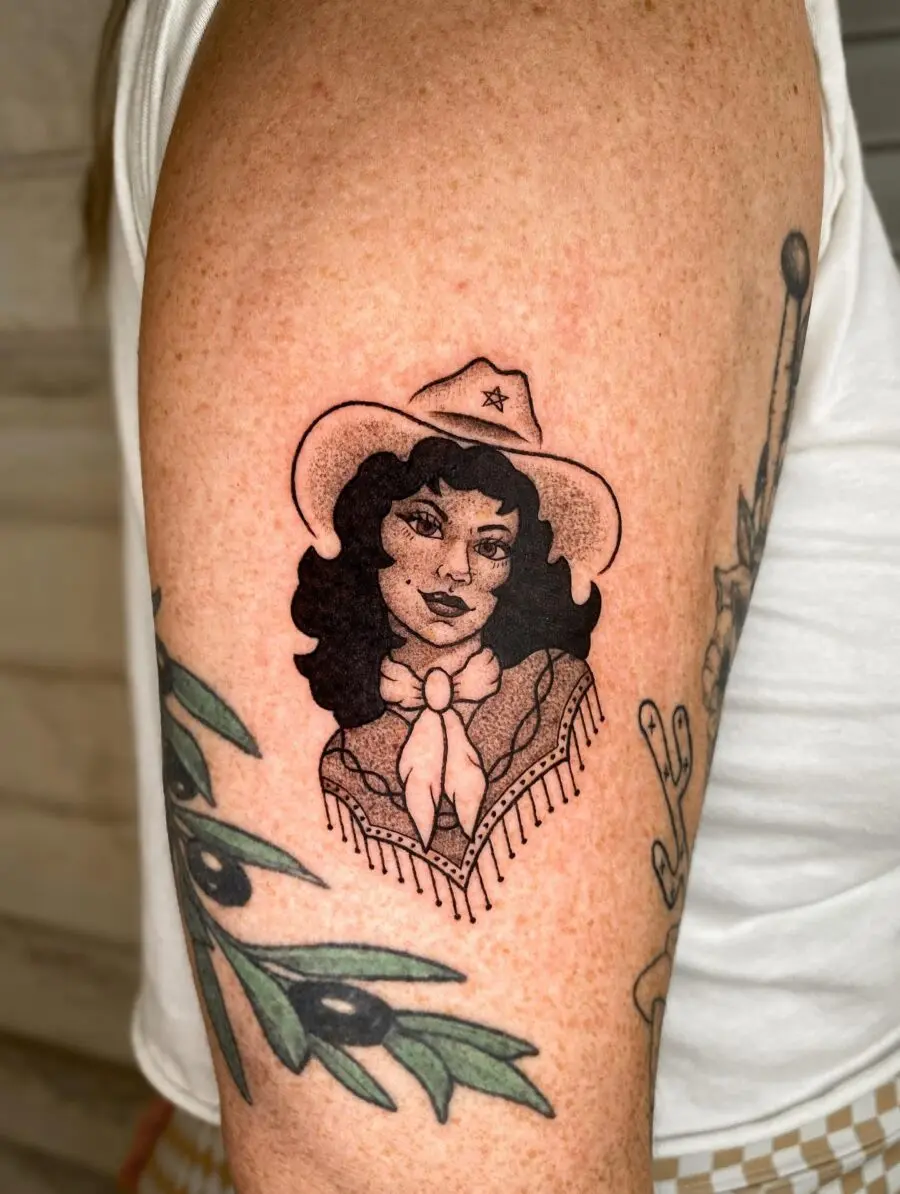 Classic Cowgirl Tattoo with Bold Lines