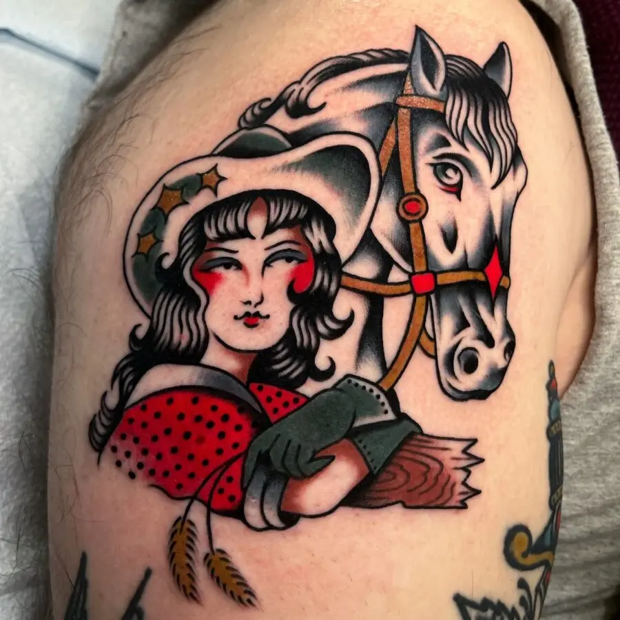 Vintage Western Tattoo Featuring Girl and Horse
