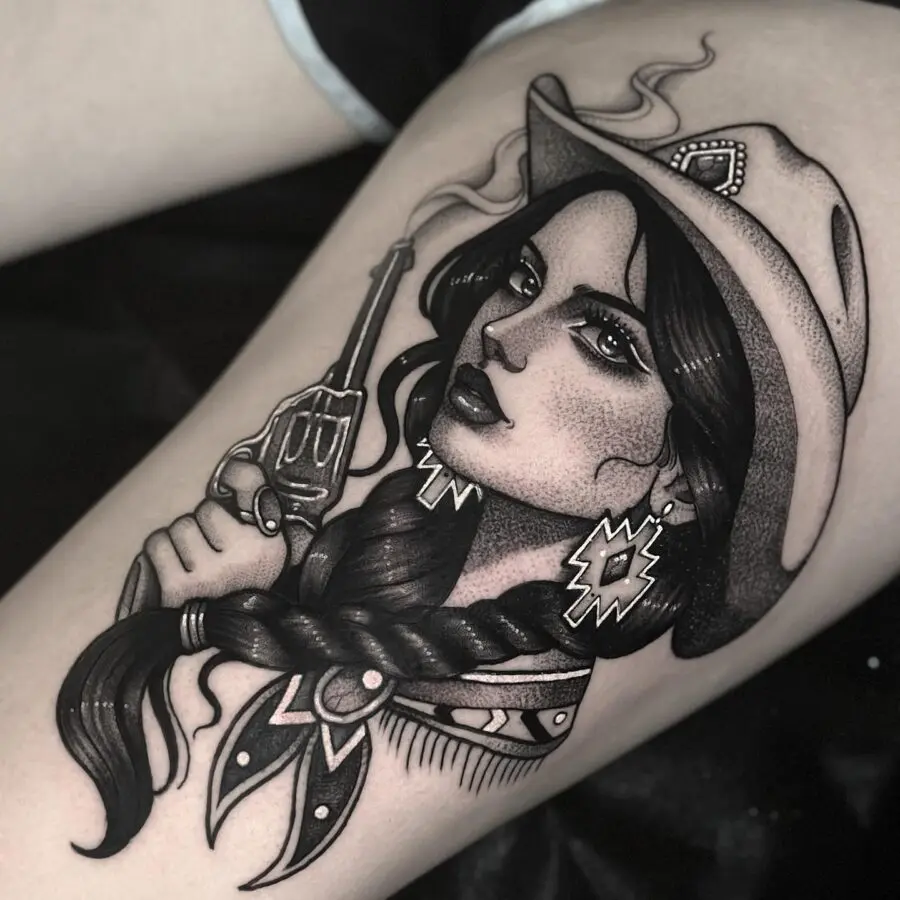Striking Western-Inspired Tattoo of a Cowgirl