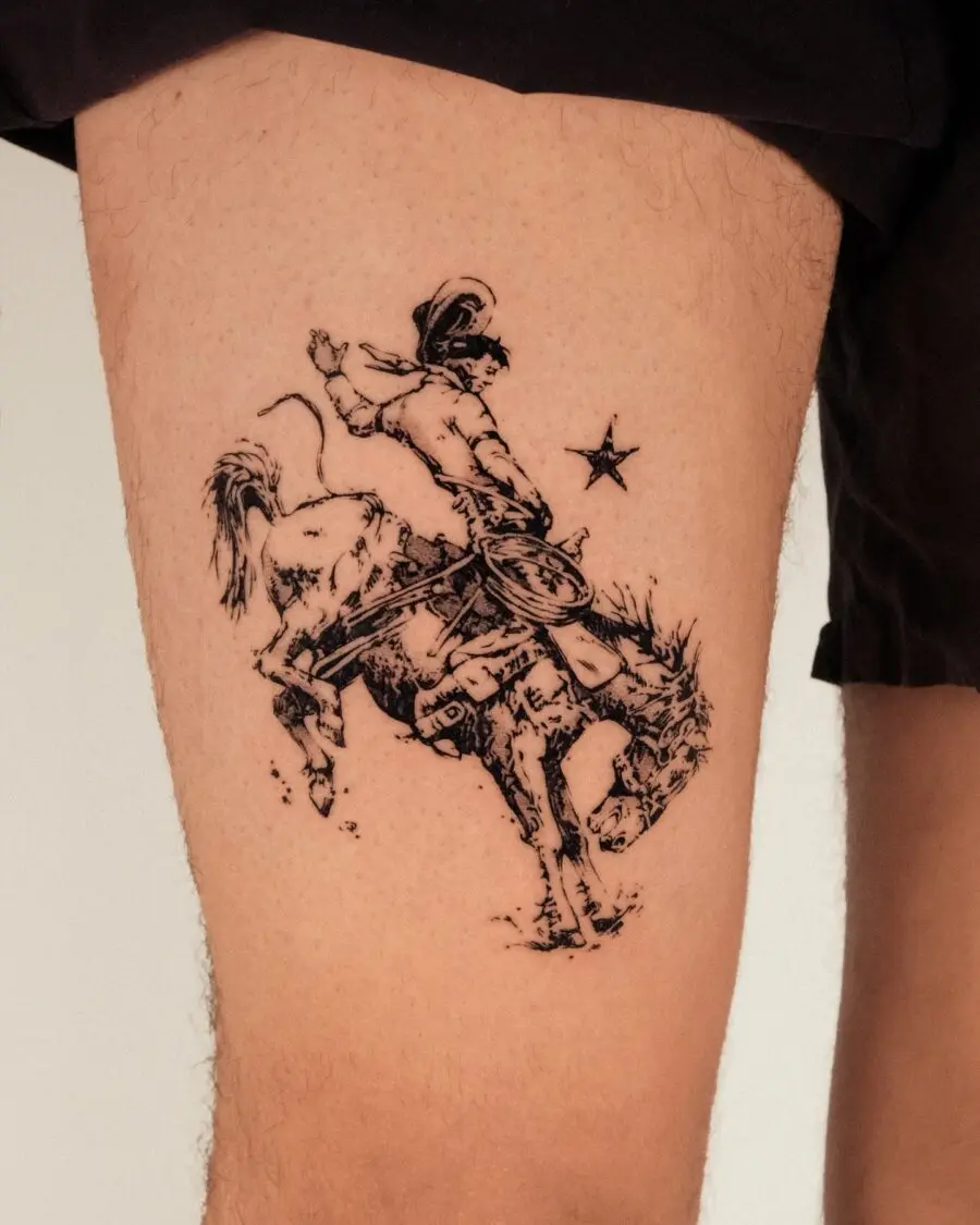 Dynamic western tattoo of a horse and rider