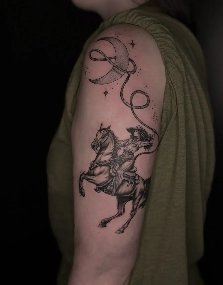 Dynamic equestrian tattoo with moon and stars