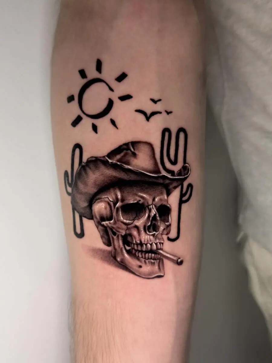 Bold Western Skull Tattoo Design with Cowboy Hat