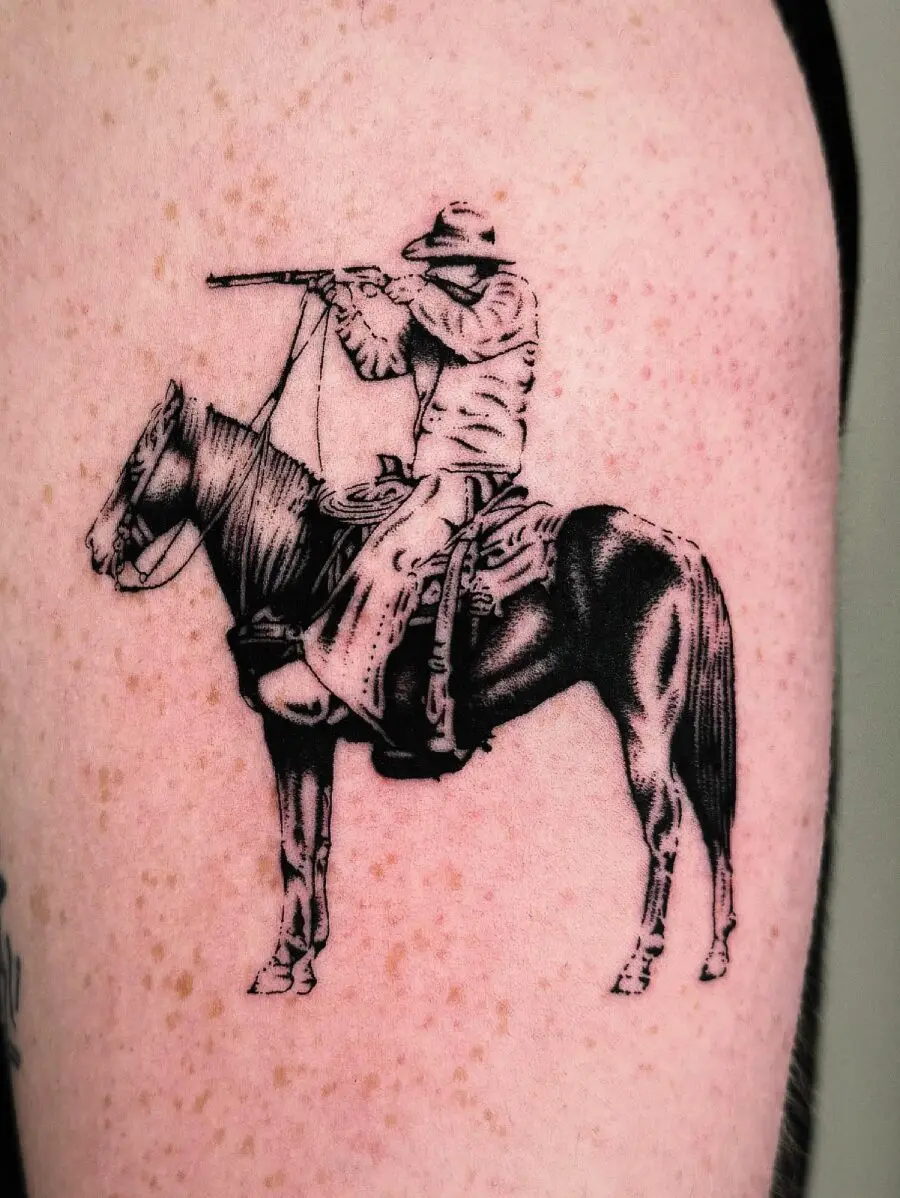 Intricate cowboy tattoo depicting western heritage.
