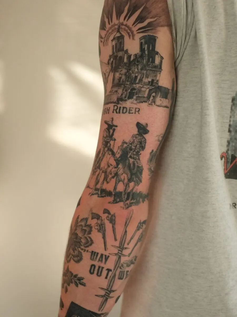 Intricate western-themed tattoos on display