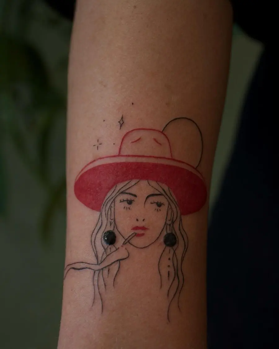 Stylish woman with wide-brimmed hat tattoo