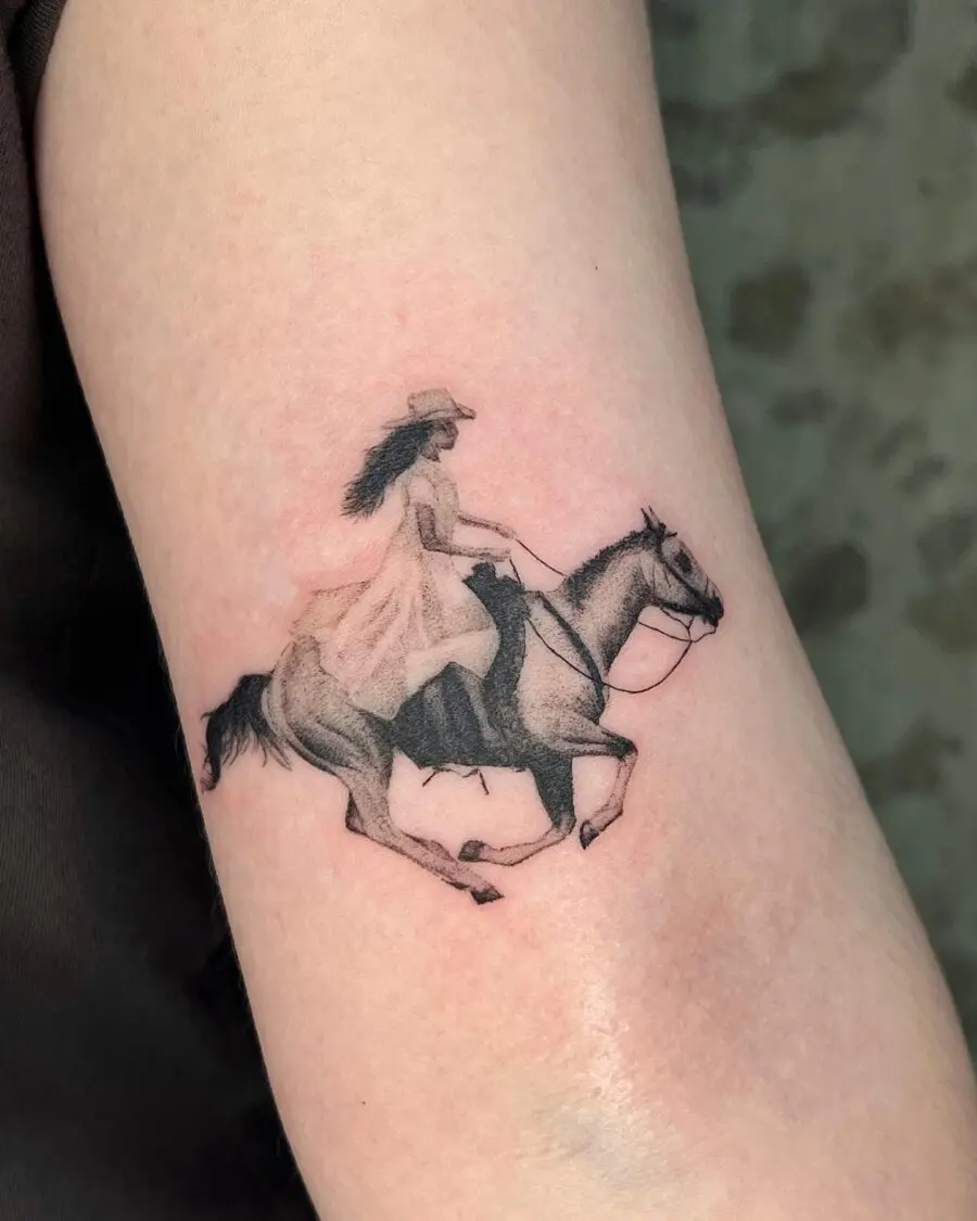 Dynamic Western Woman Riding a Horse Tattoo
