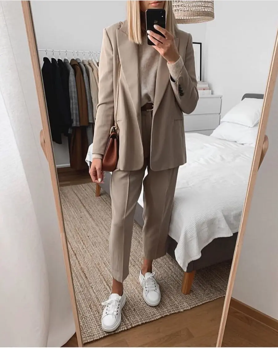 Chic Beige Suit with White Sneakers Ensemble