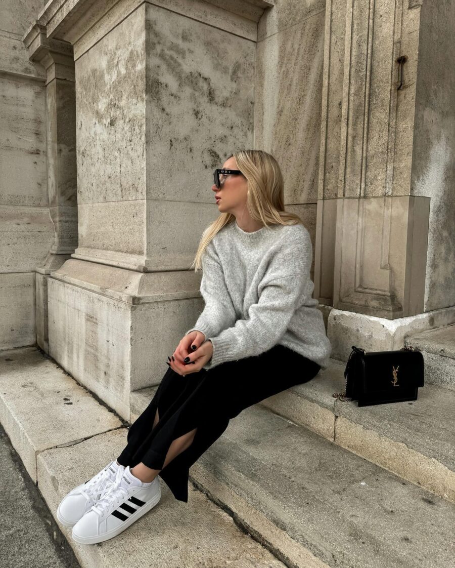 Chic winter look with white sneakers style