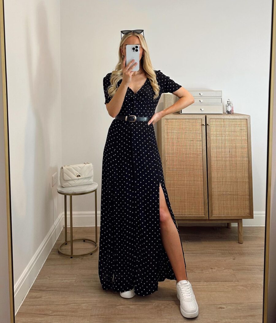 Chic Polka Dot Dress with White Sneakers