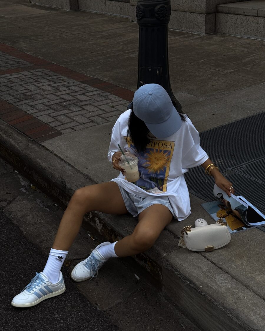 Chic casual look with white sneakers and shorts