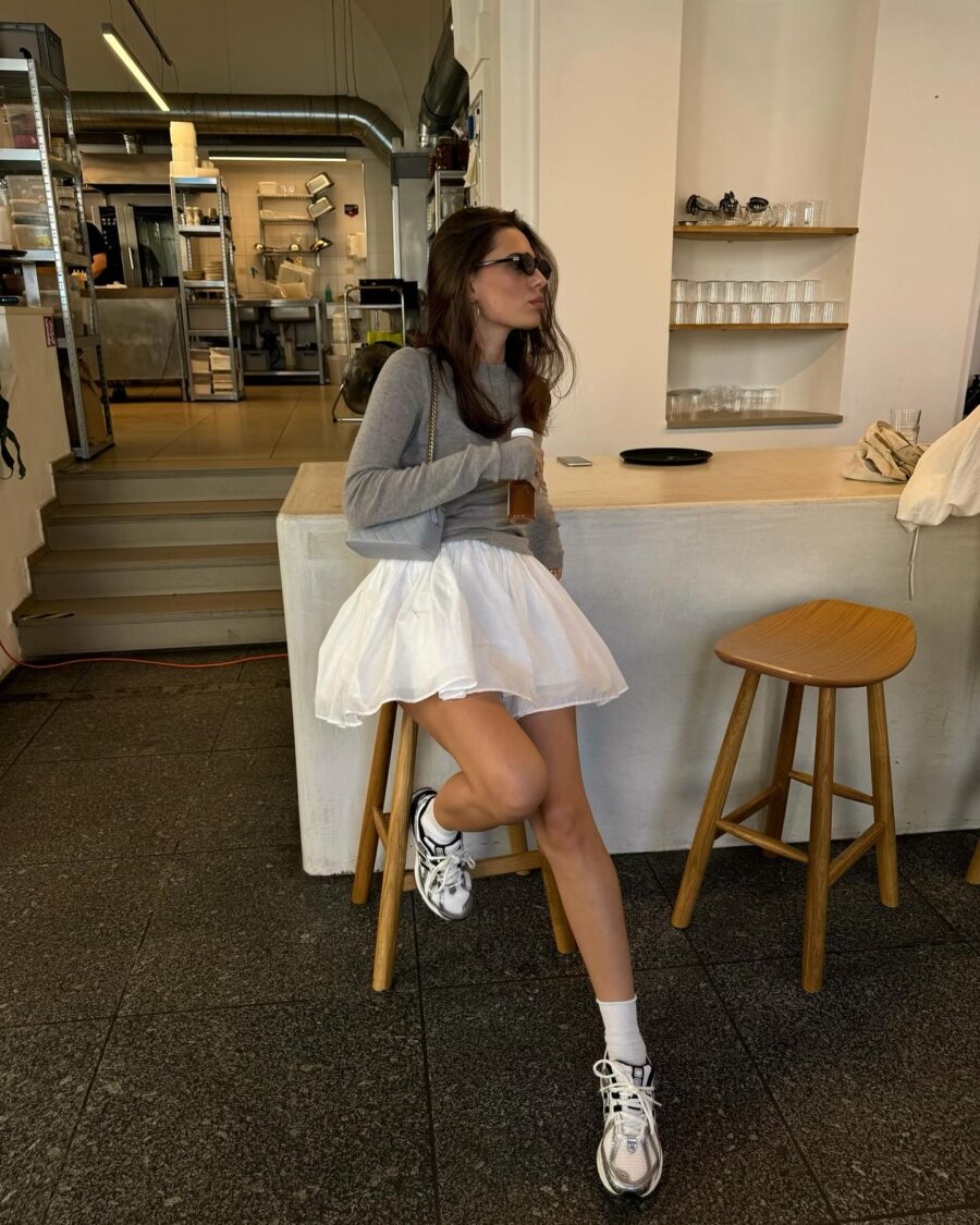 Chic Grey Sweater with White Skirt Ensemble