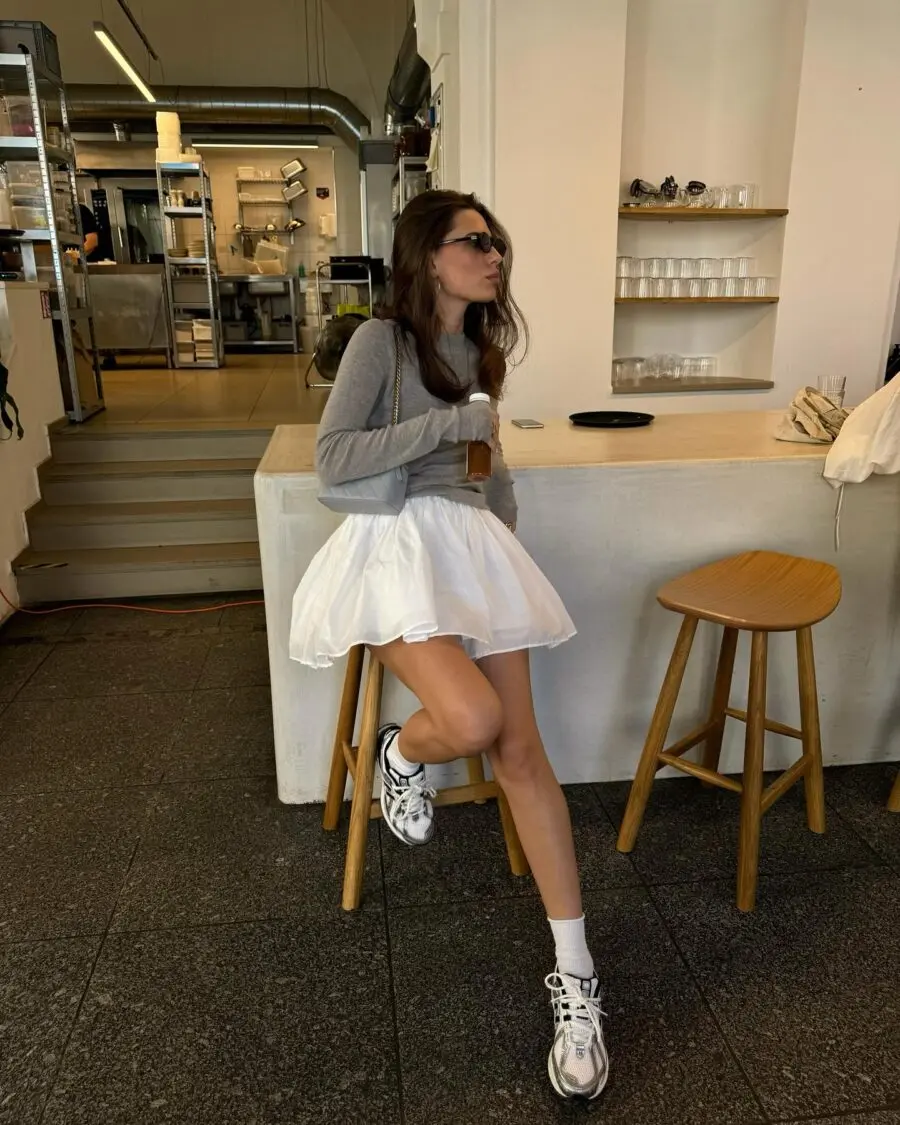 Chic Grey Sweater with White Skirt Ensemble
