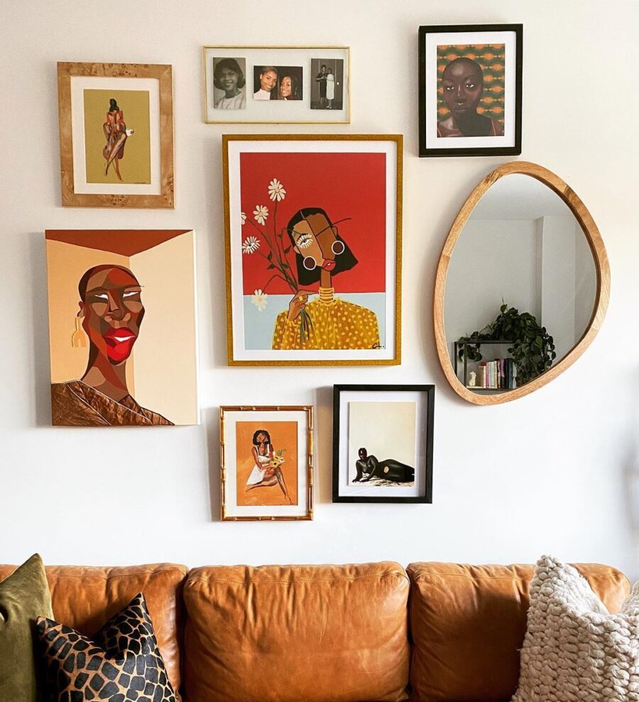 Chic gallery wall with vibrant mirror accents
