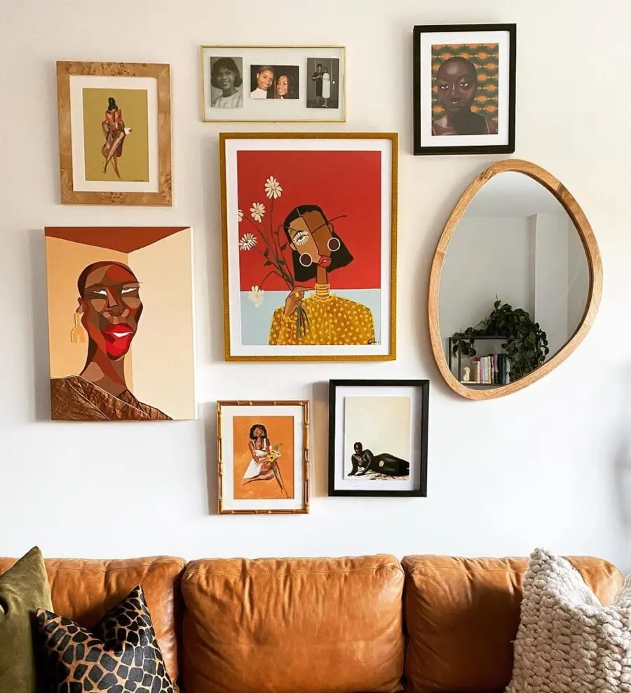 Chic gallery wall with vibrant mirror accents