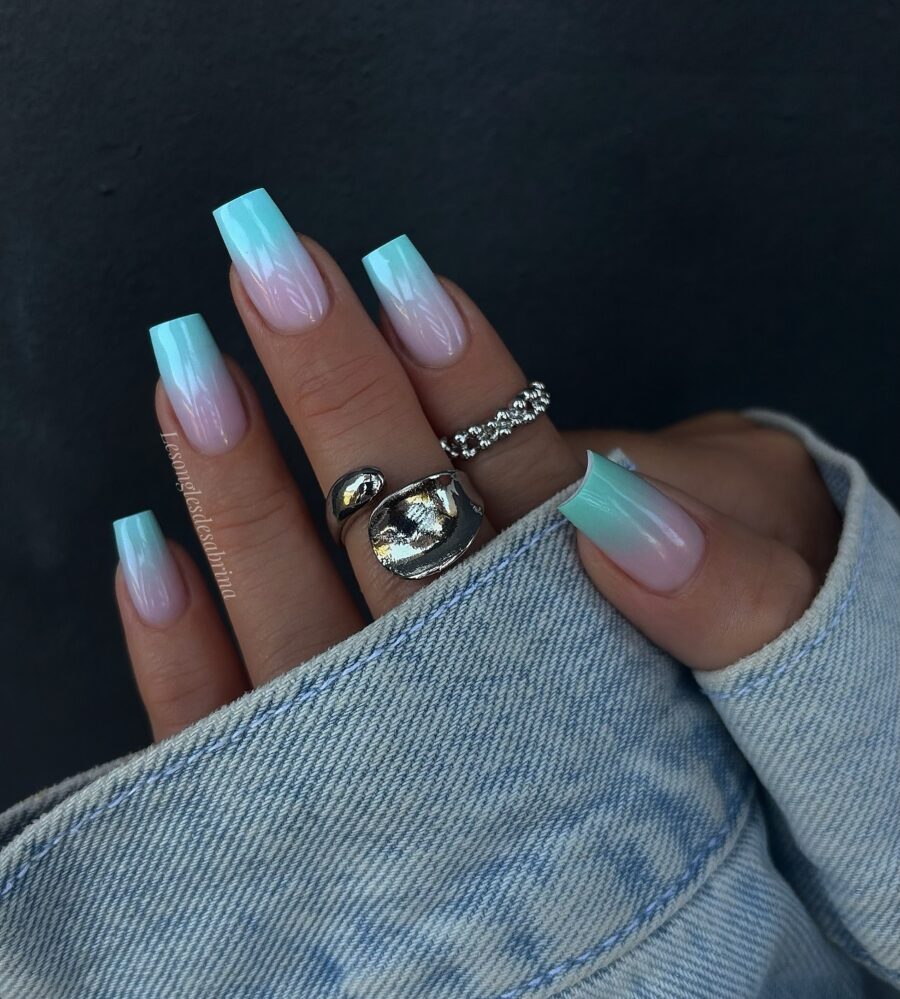 Chic Aqua Gradient Baby Boomer Nails