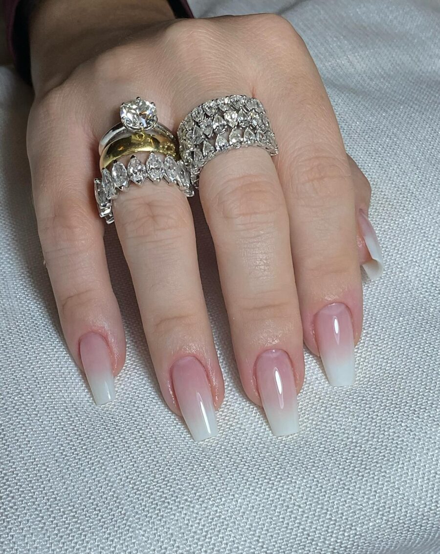 Chic Baby Boomer Nails with Glamorous Rings