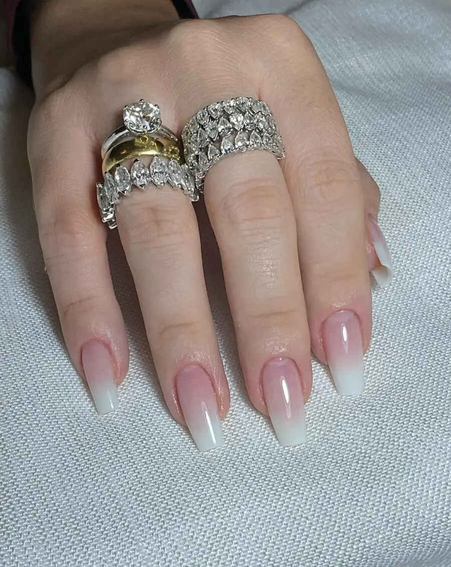 Chic Baby Boomer Nails with Glamorous Rings