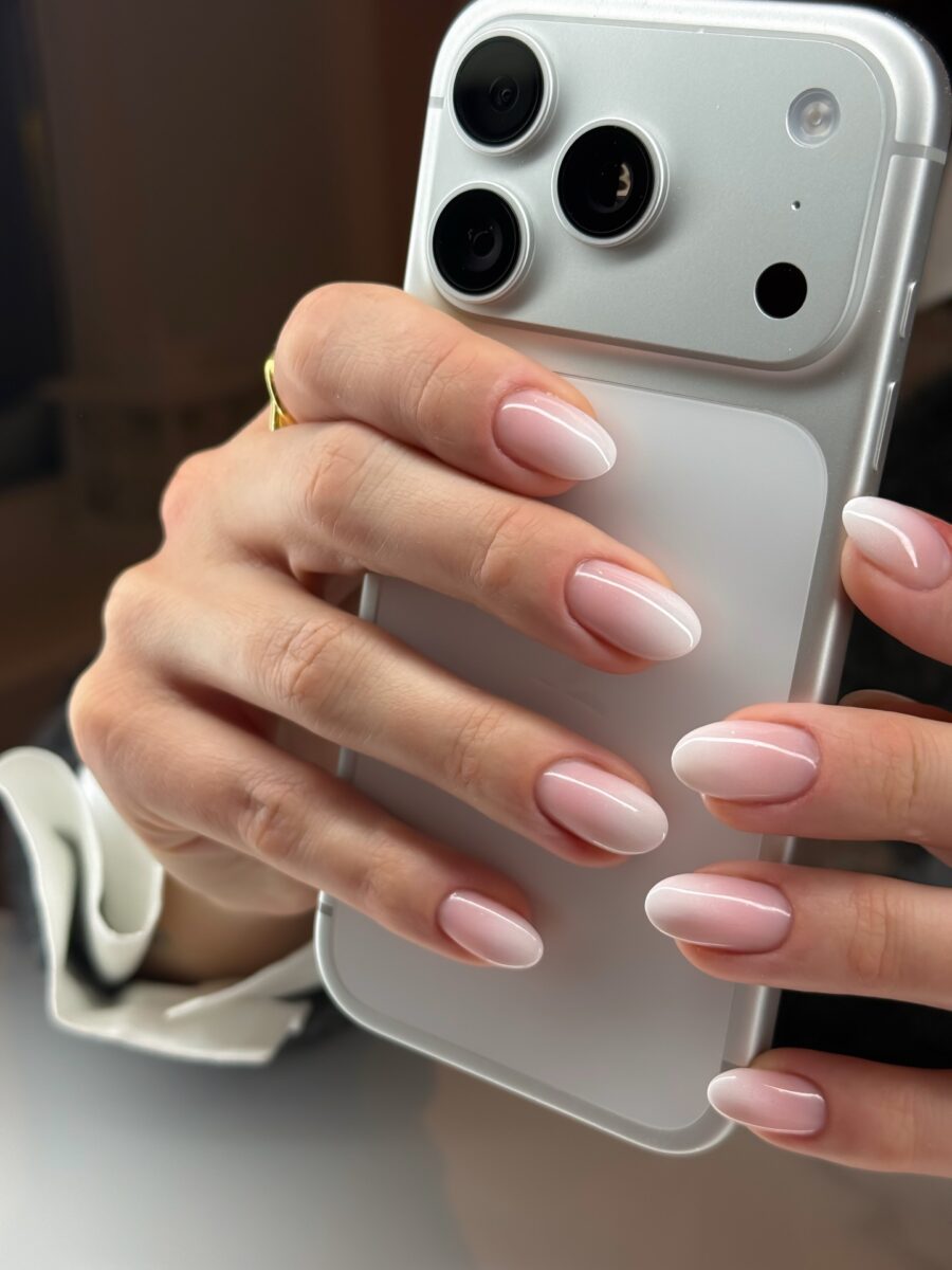Elegant baby boomer nail design with phone