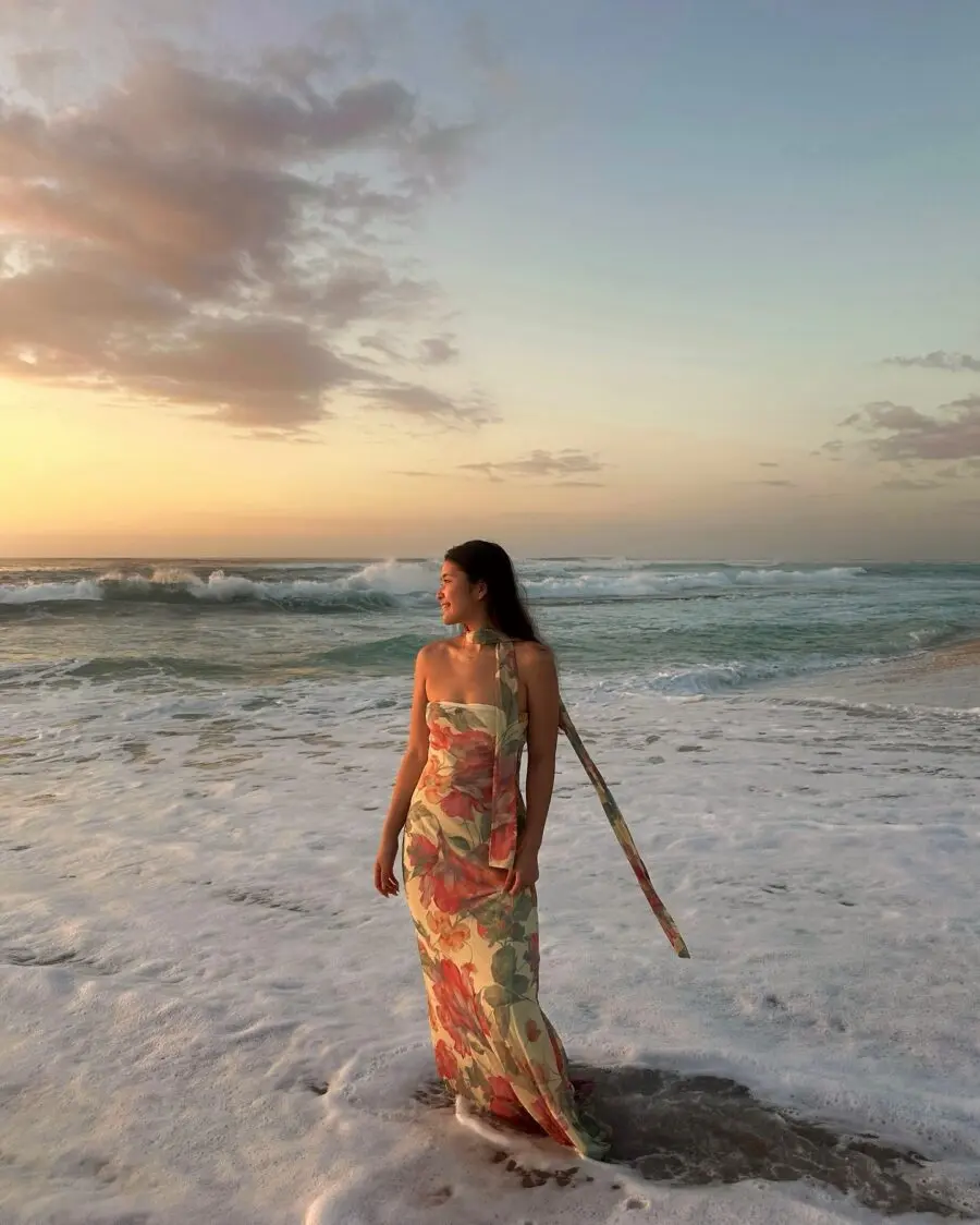 Elegant floral dress perfect for beach sunsets