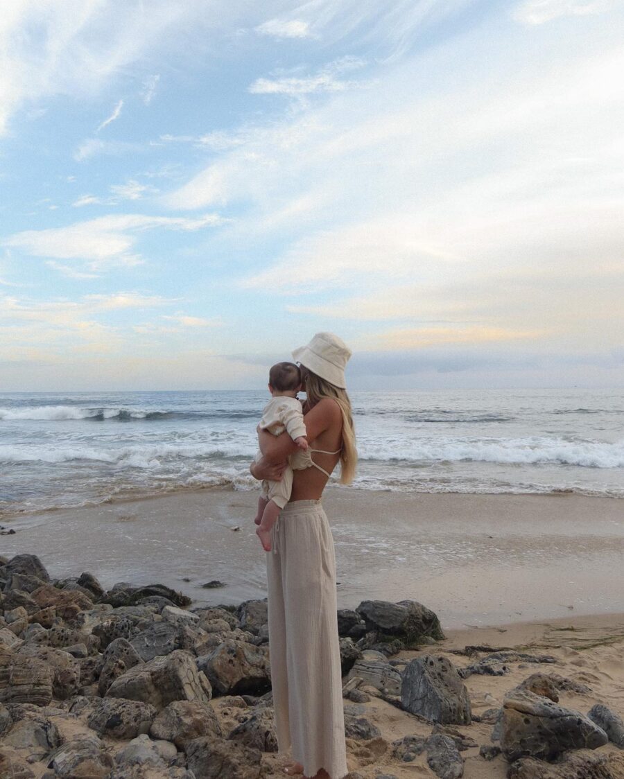 Casual beach look with mother and child