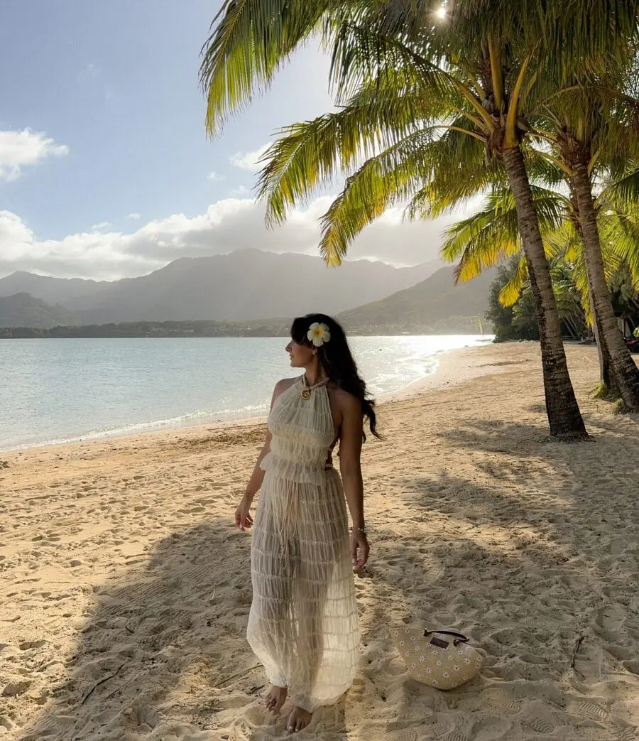Elegant beach look with flowing white dress