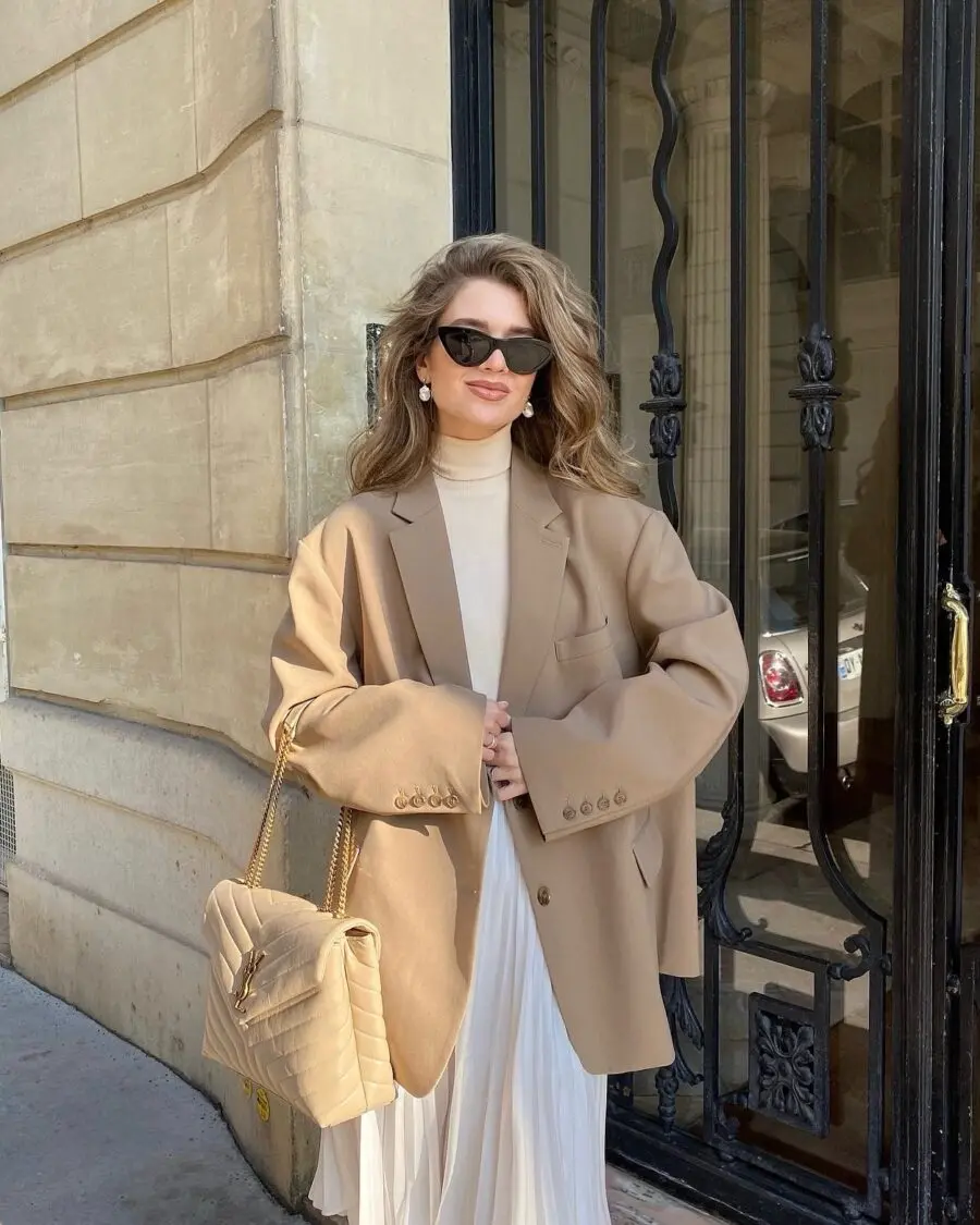 Chic Beige Blazer with Flowing White Dress