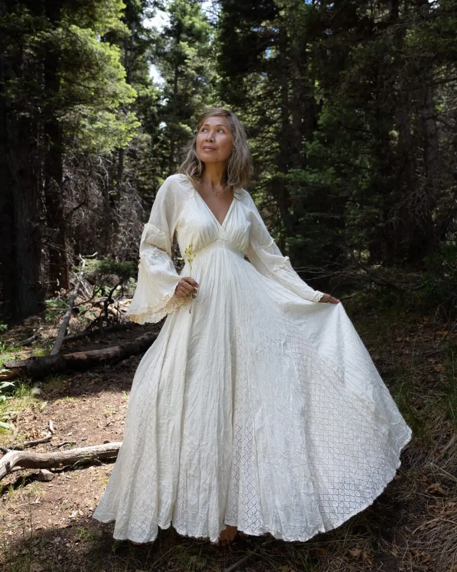 Elegant bohemian wedding dress with flowing sleeves
