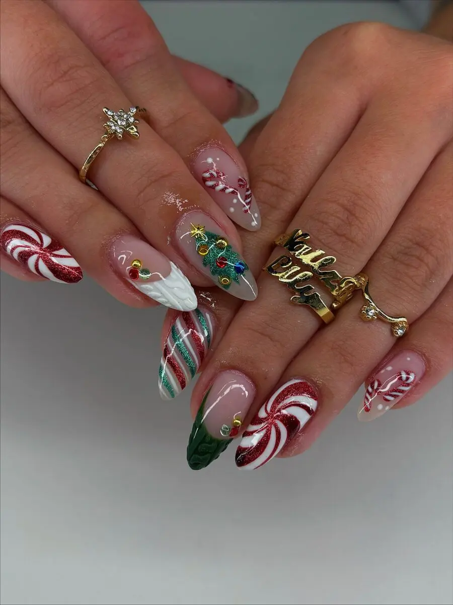 Festive Christmas nail art with candy cane accents