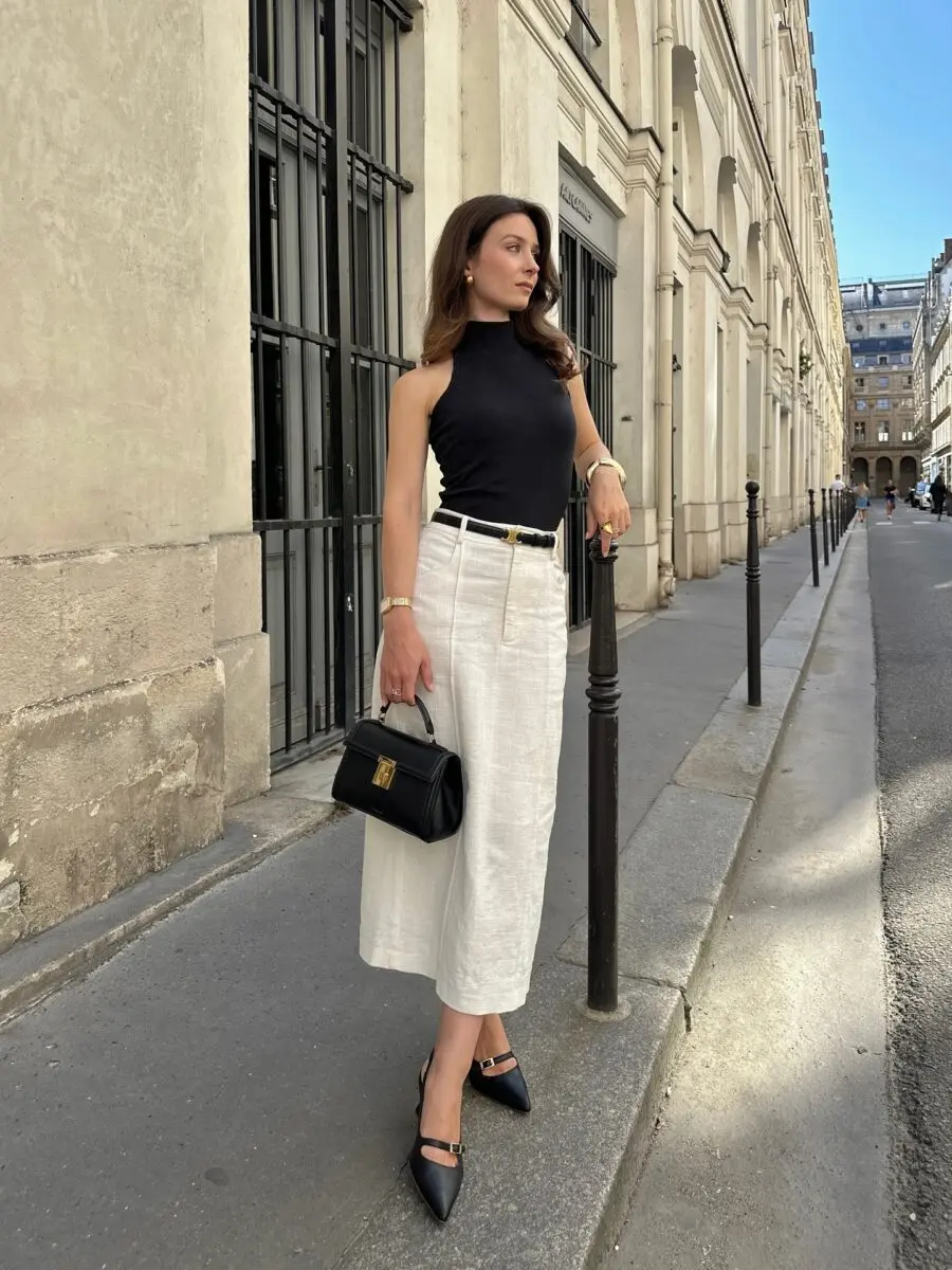 Chic black tank with wide-leg white pants